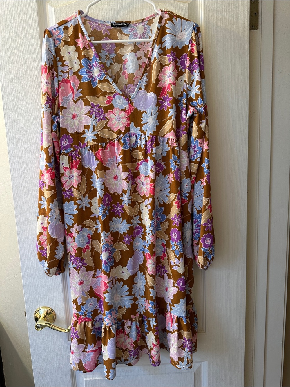 HEIMISH USA Brown Floral Midi Dress with Pink, Lavender, Blue Accents